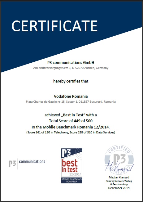 Vodafone România, certificată pentru cel mai bun punctaj al serviciilor de date și telefonie mobilă