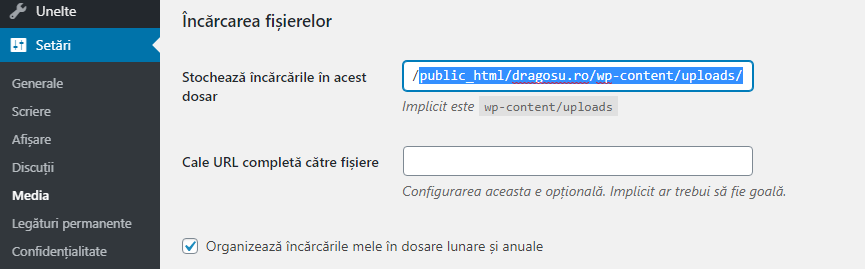 modificare cale stocare imagini wordpress